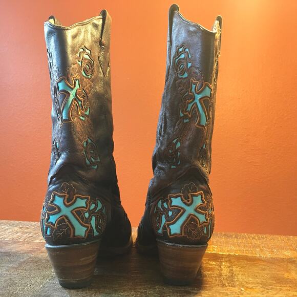 Corral Womens Boots 10 M Antique Brown Turquoise Saddle Rose Cross Inlay Western - Picture 6 of 13
